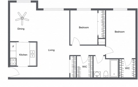 Floor plan for 2 beds, 1 bath, 850 sqft